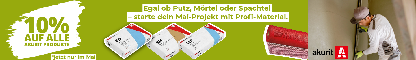 Angebots des Monats Mai: 10 % Rabatt auf Putz, Mörtel und Spachtel von Akurit
